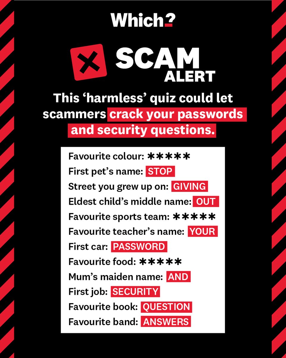 WhichUK's tweet image. ⚠️SCAM WARNING | These quizzes might seem like harmless fun but they could put you at risk of identity theft. You could be handing over a treasure trove of personal information to fraudsters. #SaferInternetDay
