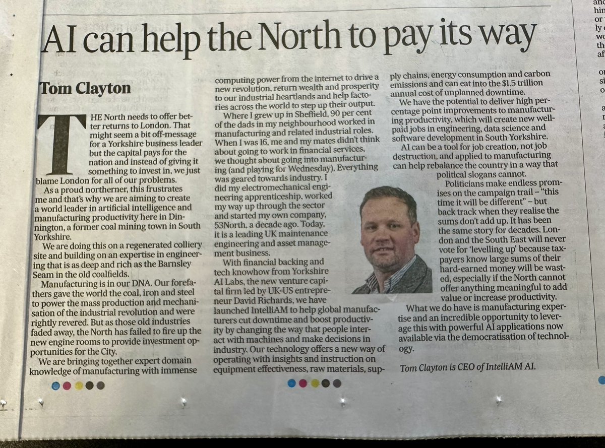 Great read by <a href="/IntelliamAI/">IntelliAM AI</a>  CEO Thomas Clayton  in today's <a href="/yorkshirepost/">The Yorkshire Post</a> discussing how the North can utilize its strengths and #ai to provide better returns to #London. It's inspiring to see how #technology can bridge the gap and create a more balanced economy. #innovation