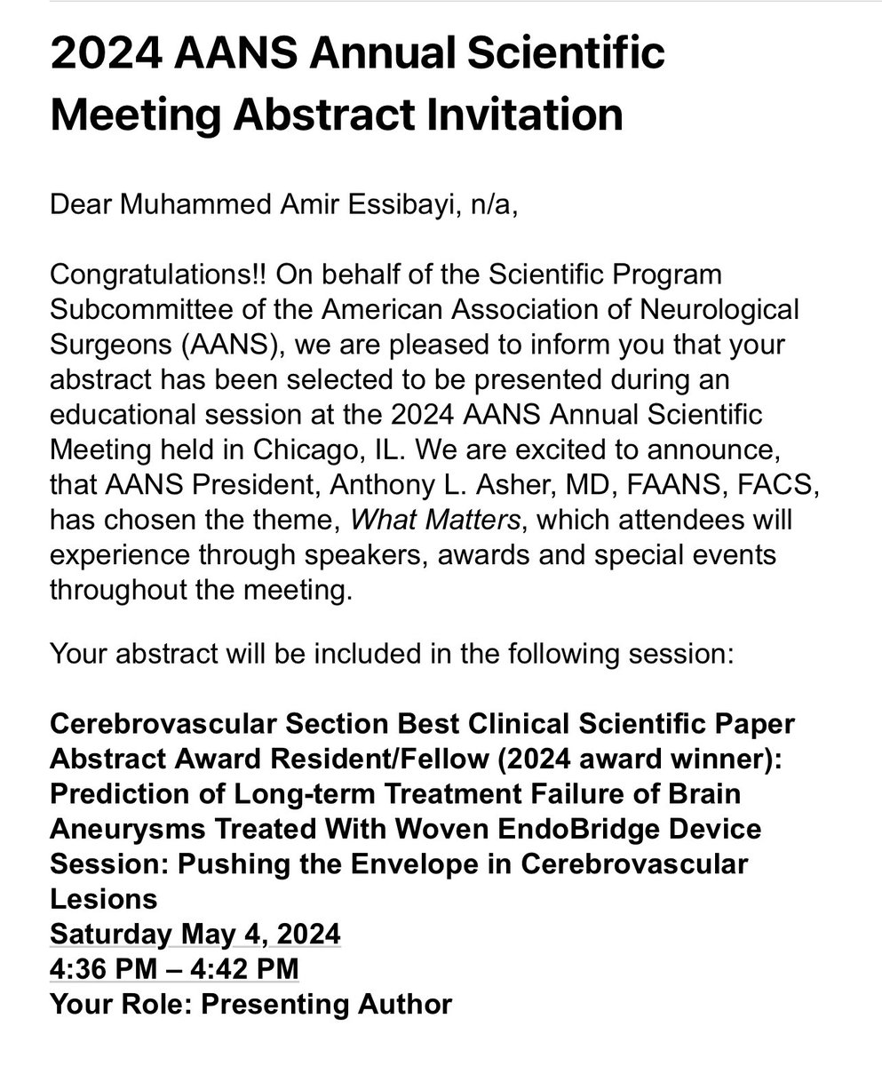 Extremely excited and honored to share that my WorldWideWEB abstract won the Cerebrovascular Section Best Clinical Scientific Paper Award! Huge thanks to @DavidAltschulMD and @AdamDmytriw for this incredible opportunity. Can't wait to present this abstract at #AANS2024 on! 🏆
