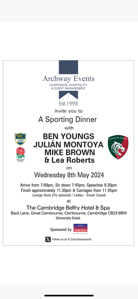 Roger Day (@archwayevents) on Twitter photo Due to a cancellation, there is now one table available.
Please DM me, if interested …
This is a sell-out, apart from this table !
<a href="/benyoungs09/">Ben Youngs</a> <a href="/mikebrown_15/">Mike Brown</a> <a href="/LeaRobertsComic/">Lea Roberts</a> <a href="/AdcockUK/">Adcock</a> <a href="/simplymagic19/">Sean Goodman</a> <a href="/DeniseABrady/">Denise Brady Photography</a>
<a href="/ASPIN665/">Andrew Aspinall</a> <a href="/steveelsom1/">Steve Elsom</a> <a href="/MarkEdmondson63/">Mark Edmondson</a> <a href="/cowellracing/">Robert Cowell</a> Due to a cancellation, there is now one table available.
Please DM me, if interested …
This is a sell-out, apart from this table !
<a href="/benyoungs09/">Ben Youngs</a> <a href="/mikebrown_15/">Mike Brown</a> <a href="/LeaRobertsComic/">Lea Roberts</a> <a href="/AdcockUK/">Adcock</a> <a href="/simplymagic19/">Sean Goodman</a> <a href="/DeniseABrady/">Denise Brady Photography</a>
<a href="/ASPIN665/">Andrew Aspinall</a> <a href="/steveelsom1/">Steve Elsom</a> <a href="/MarkEdmondson63/">Mark Edmondson</a> <a href="/cowellracing/">Robert Cowell</a>