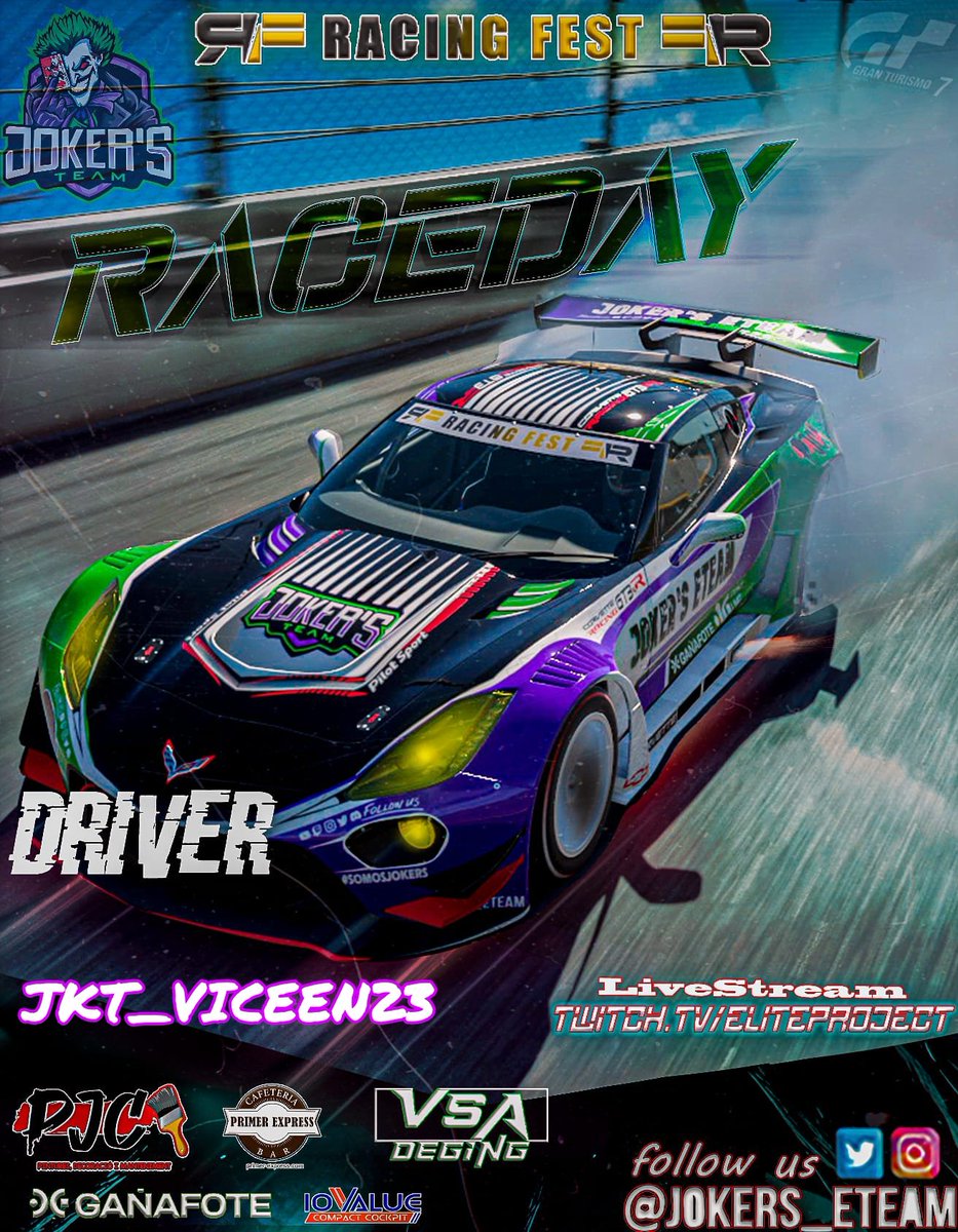 #GT7 #Raceday 
🏁 Hoy toca la R4️⃣ de <a href="/RacingFest/">Racing Fest</a> 🏁

🚗| Chevrolet Corvette Gr3
🗺️| Raceway Laguna Seca
👤| <a href="/VicenteteM/">Vicent Martinez #Viceen</a>
⏰| 21:30
🖌️| <a href="/dj_ninoatwork/">Dj.Ninoatwork</a>

¡Vamos a por todas! 💪🏽

📺| Sigue la retransmisión en twitch.tv/eliteproject?s…

#SomosJokers🃏