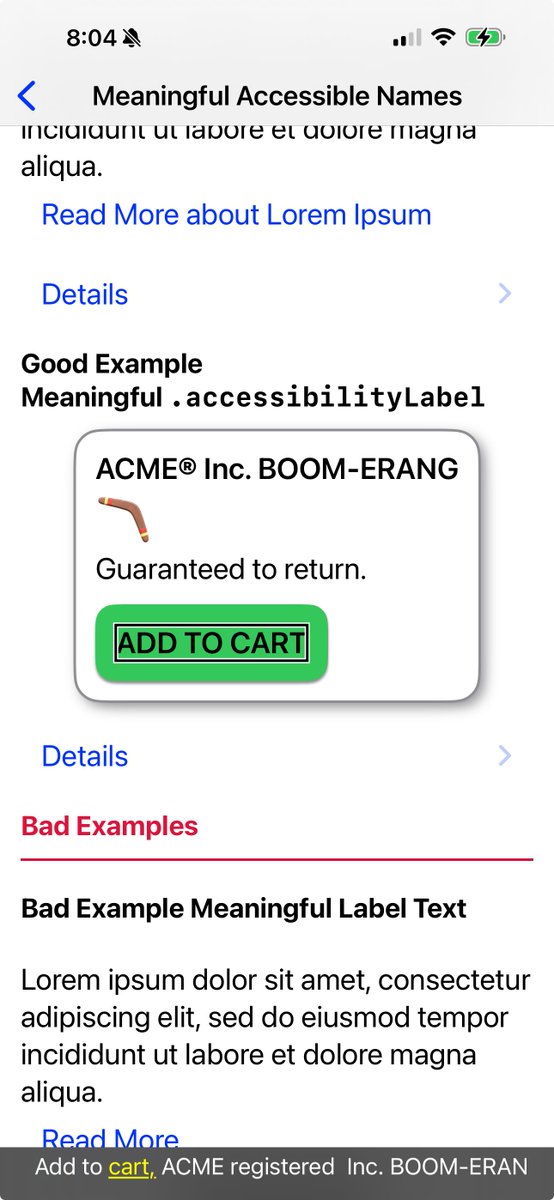 New #SwiftUI #iOSdev #a11y technique: Meaningful Accessible Names e.g. for 'Read More' and 'ADD TO CART' buttons. 

apps.apple.com/us/app/swiftui… #WCAC #ADA #Section508 

github.com/cvs-health/ios…