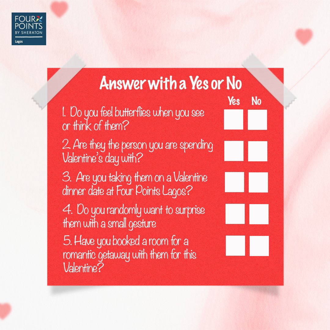 FourPointsLagos's tweet photo. The only way to prove that you’re #soinlove with your partner this Valentine’s is to be #soinloveatfourpoints. 😉 

Take the #soinlove test on the next slide and drop your answers in the comments below 🤩👇 https://t.co/IiwzVnFf9E