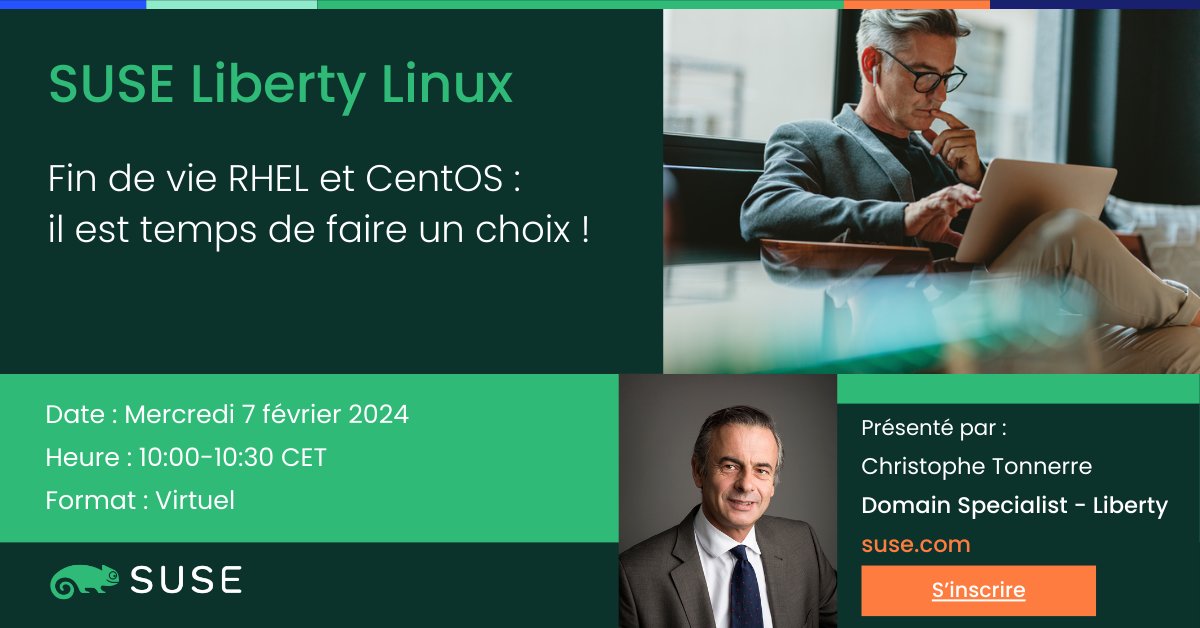📢 Dernier appel ! Rejoignez-nous pour un webinar sur la préparation à la fin de vie de #CentOS7 et la fin de la maintenance de #RHEL7 prévue en juin 2024. 
Vos systèmes sont-ils prêts pour le changement ? 👉 okt.to/kY082o

#SUSE #choicehappens #SUSELibertyLinux