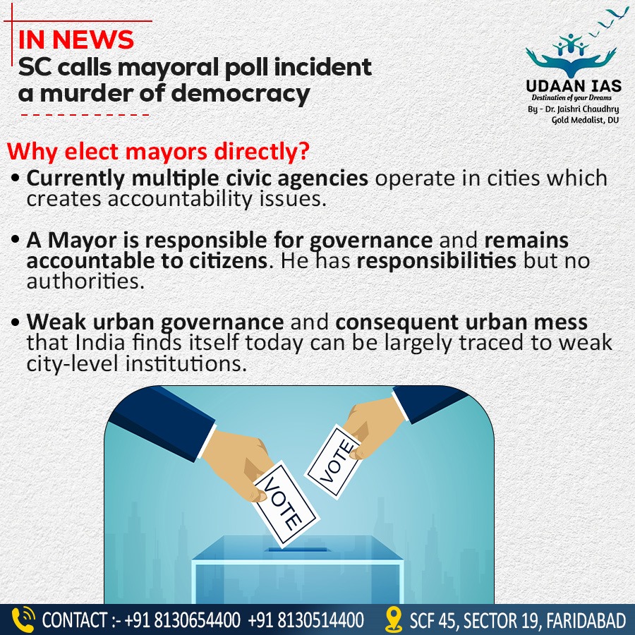 udaan_ias's tweet photo. SC calls mayoral poll incident a murder of democracy #ias #ips #upsc #hcs #HAS #HPSC #HPPSC #CSIR #SO #ASO #UPPSC #DSSB #IB https://t.co/XLIA8j1I7v