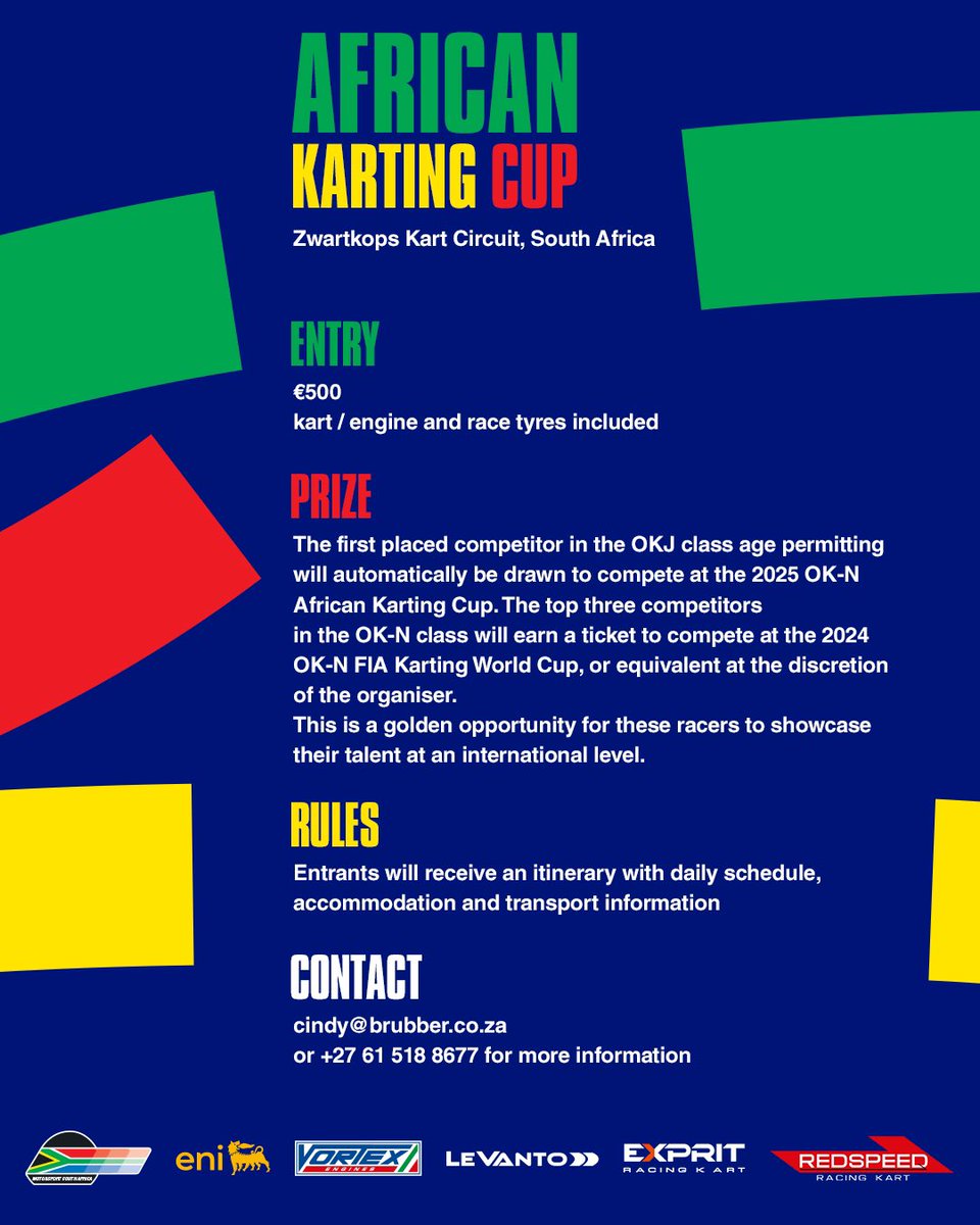🚨Save the date for the inaugural African Karting Cup

In two weeks, South Africa will host the first African Karting Cup with 40 of the finest participants from more than 15 African countries. 

📆 : 15 - 17th February
📍: Zwartkops Kart Circuit, South Africa 
Get ready for