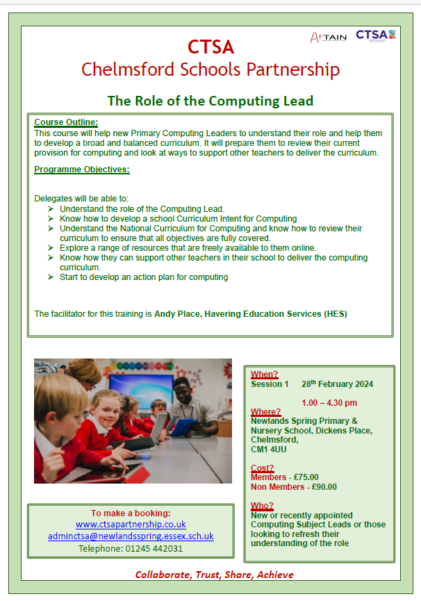 Chelmsfordtsa1's tweet image. Are you a new subject leader for Computing ? Need a refresher on role expectations and responsibilities ?
Get in touch or sign up for this new CPD session via our website.
ctsapartnership.co.uk/professional-d…
#computinglead #CPDcomputing #subjectleadership