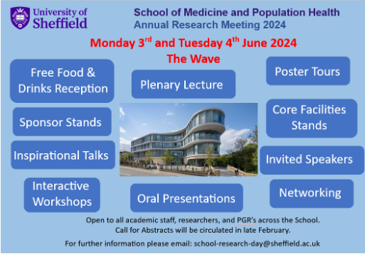 *SAVE THE DATE* The Research Meeting Working Group is pleased to announce a Save the Date for 3rd &amp; 4th June for the 1st School of Medicine and Population Health Research Day. Please block out both days now to save the date. Call for Abstracts will be circulated later this month.