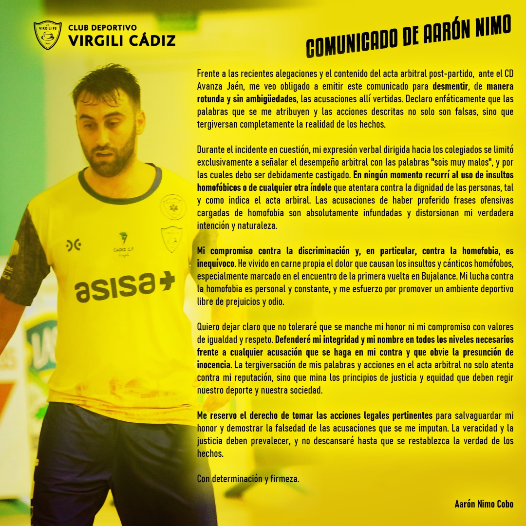 🔴 COMUNICADO de Aarón Nimo ante las graves acusaciones vertidas en el acta en las que se le atribuye insultos homófobos.

➡️ El club ha presentado recurso de alegaciones, entendiendo las dificultades en este caso de desvirtuar la presunción de veracidad del acta.