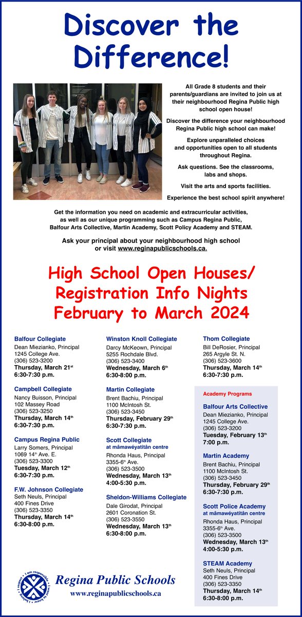 RegPublicSchool's tweet image. All Grade 8 students and their parents/caregivers are invited to join us at their neighbourhood Regina Public high school open house! Please see  the ad below for specific high school dates and times.