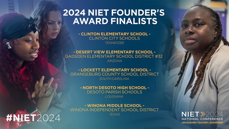 Proud to announce five schools from across the country selected as finalists for the prestigious NIET Founder's Award! Congratulations <a href="/ClintonCity_CCS/">Clinton City Schools</a> <a href="/GESD32/">Gadsden Elementary School District #32</a> <a href="/ocsdsc/">Orangeburg County School District</a> <a href="/NDHSGriffins/">North DeSoto High School</a> <a href="/DesotoParish/">DeSoto Parish Schools</a> <a href="/Winona_ISD/">Winona ISD</a> <a href="/TNedu/">TN Dept of Education</a> <a href="/azedschools/">Arizona Department of Education</a> <a href="/EducationSC/">S.C. Department of Education</a> @La_Believes <a href="/teainfo/">Texas Education Agency</a> <a href="/NIETteach/">National Institute for Excellence in Teaching</a>