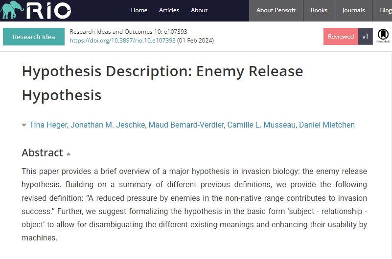 RIOJournal's tweet photo. 👏The Enemy Release Hypothesis, a major hypothesis in #invasion #biology, now formalised!

👌The hypothesis uses a new article type at #RIOjournal to avoid disambiguation &amp; streamline machine-actionability.

👉See: https://t.co/hZWgZ01veJ #invasivespecies #invsp @mbernardverdier https://t.co/BtZjdoJjwP