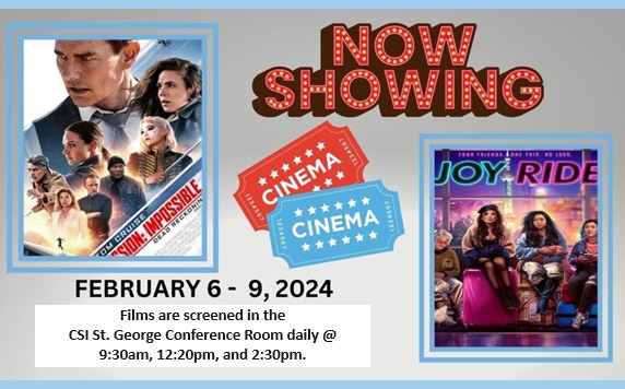 This week, 02/06 - 02/09, Films at <a href="/CSIStGeorge/">CSI St. George</a>, brought to you by <a href="/CSICAB/">CSI CAB</a> &amp; <a href="/CSIStudentLife/">CSI Student Life</a>, present <a href="/MissionFilm/">Mission: Impossible</a> Dead Reckoning &amp; <a href="/JoyRideMovie/">Joy Ride</a>. Movies are also playing on the main
<a href="/csinews/">College of Staten Island</a> campus in the Campus Center, 1C-211.