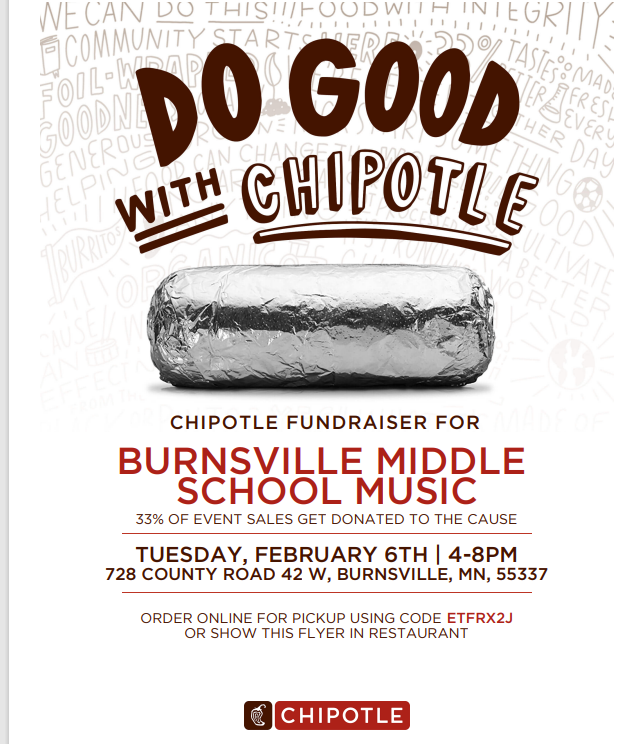 eagleridge191's tweet photo. It's time to Guac &amp; Roll!! Get your dinner tonight at Burnsville Chipotle (County Rd 42) Use the code PFFRRR3 and 33% of your purchase will go to our middle school music program! See you there! #One91 #191ERMSband #ERMS https://t.co/hWCfjEOKDc