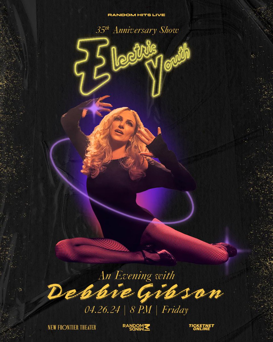 NEW SHOW ALERT! 📣📣📣

Electric Youth 35th Anniversary Show: An Evening with Debbie Gibson
🗓️ April 26, 2024
📍 New Frontier Theater
🎟️ TicketNet Outlets/Online

Presented by @RandomMindsPH

#RMHits #RandomHitsLive #DebbieGibson #EY35 #SettingStandards #WeLoveThe80s #RandomMinds