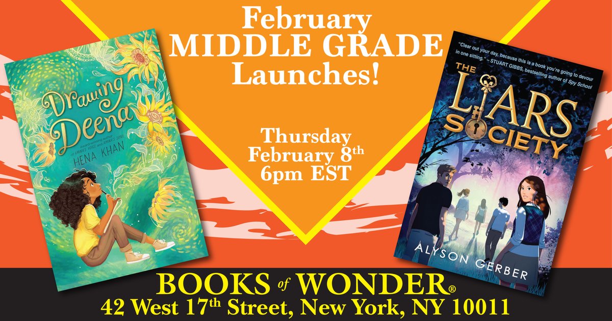 Join us on Thursday, February 8th at 6pm for two incredible middle grade launches with @henakhanbooks and @alysongerber!! These sweet and suspenseful stories are sure to keep you and your young readers booked and busy! RSVP: eventbrite.com/e/february-mid…