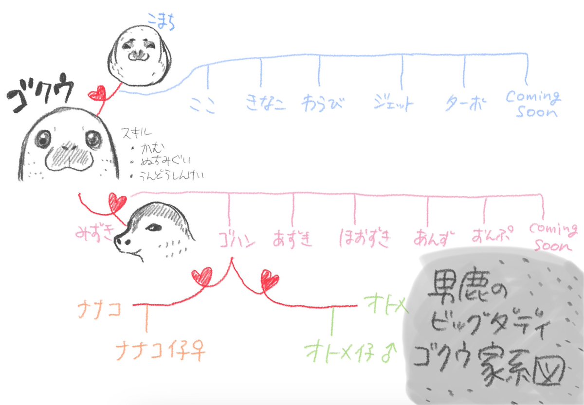 ゴクウがあまりにもビッグダディで家系図書いてしまった🦭
仔10頭、孫2頭…(漏れてたらすみません)
加茂水で単身赴任がんばれ🦭 