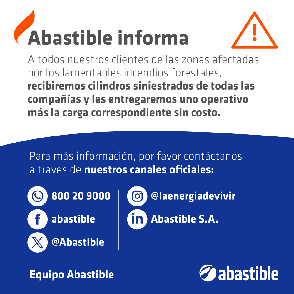 🚨 #Abastibleinforma 🚨

Debido a los lamentables incendios forestales que afectaron a varias zonas de nuestro país, informamos que estaremos recibiendo cilindros siniestrados de todas las compañías y les entregaremos uno operativo más la carga correspondiente sin costo.