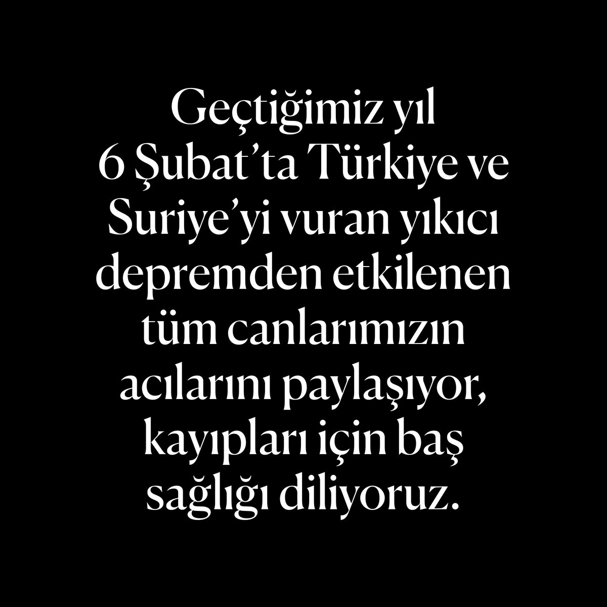 Geçtiğimiz yıl 6 Şubat'ta Türkiye ve Suriye'yi vuran yıkıcı depremden etkilenen tüm canlarımızın acılarını paylaşıyor, kayıpları için baş sağlığı diliyoruz.  

#6subat2023 #6subat #6subatdepreminiunutmayacağız #6şubat
