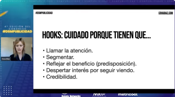 ✳️<a href="/Cova_Diaz_/">Cova Díaz</a>

"Podemos usar varios hooks. Siguiendo el ejemplo, un storytelling, un vídeo con un meme o un vídeo con un texto neutro. Ya estamos jugando con distintos ganchos."

en el #DSMPublicidad <a href="/marketingandweb/">Marketing and Web</a>