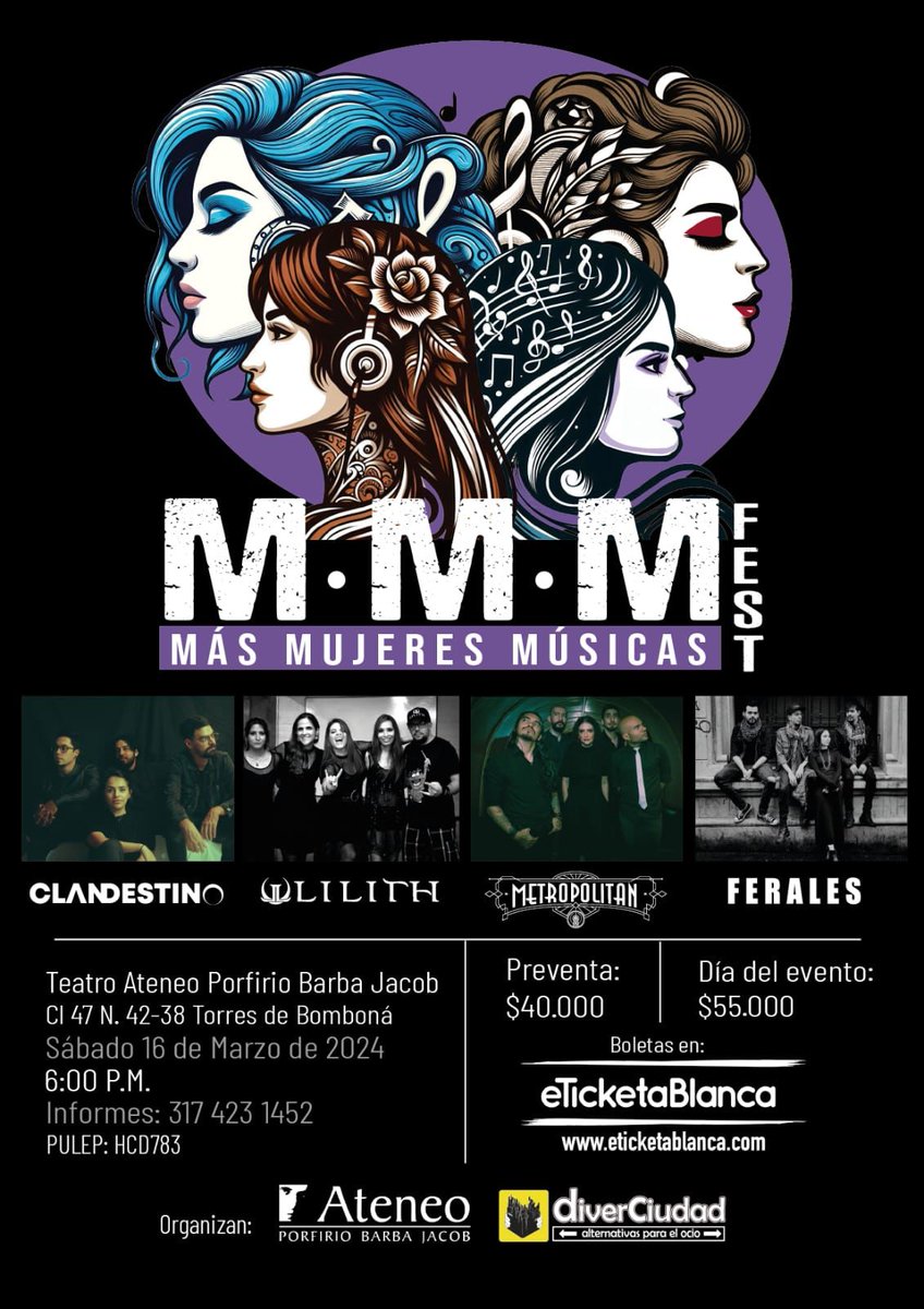 Es un honor hacer parte de Más Mujeres Músicas Fest <a href="/MMM_Fest/">M.M.M. Fest (Más Mujeres Músicas Fest)</a> un festival de rock para divulgar el trabajo de las mujeres artistas de Medellín y Colombia.
Boletas a la venta a partir del miércoles 7 de febrero a $40.000 preventa en eticketablanca.com/evento/mas-muj…