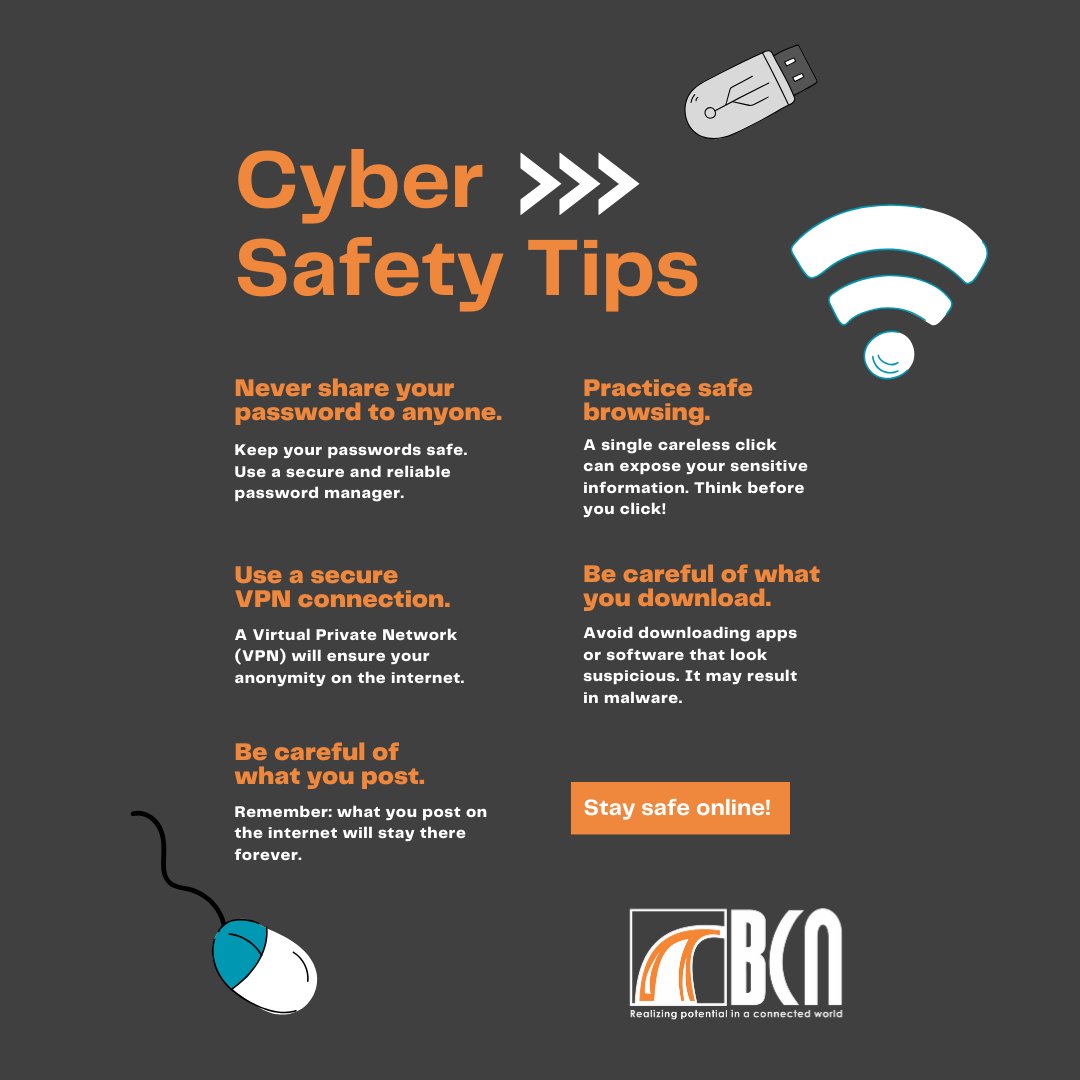 🌐 Safer Internet Day is here! Let’s navigate the digital world with caution. BCN has curated essential tips to ensure our online safety. 

#saferinternetday #onlinesafety #bcnnigeria #cybersecurity #bcntips