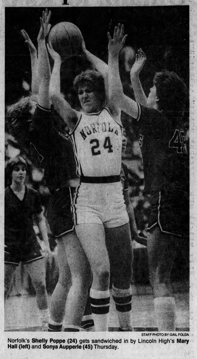 Lincoln High girls have this Norfolk Panther trapped at the 1984 state tournament. Norfolk would win this one, 58-55.