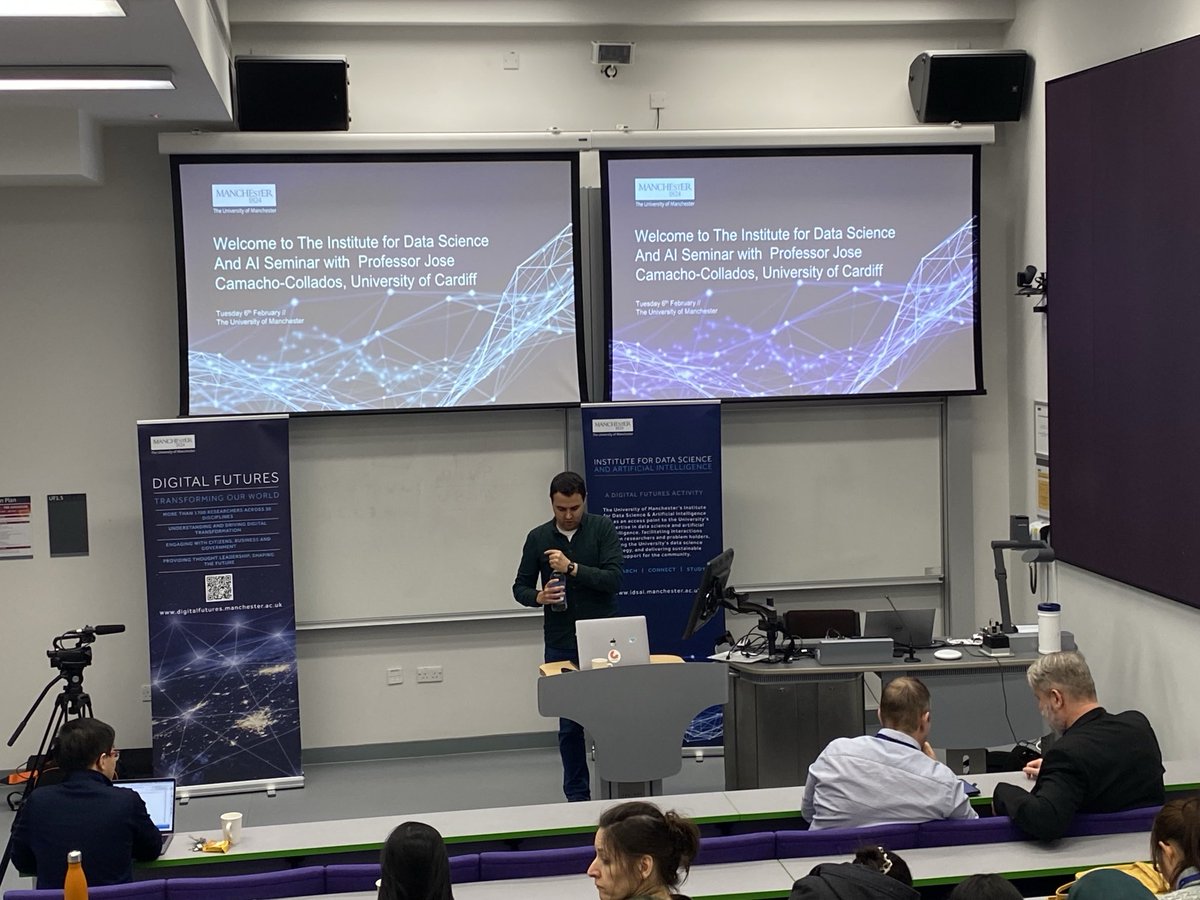 Stage is set with Prof. Jose Camacho-Collafos, University of Cardiff for the event on NLP anchored by The Institute for Data Science and AI at Manchester Uni. @digitalUoM @cardiffNLP