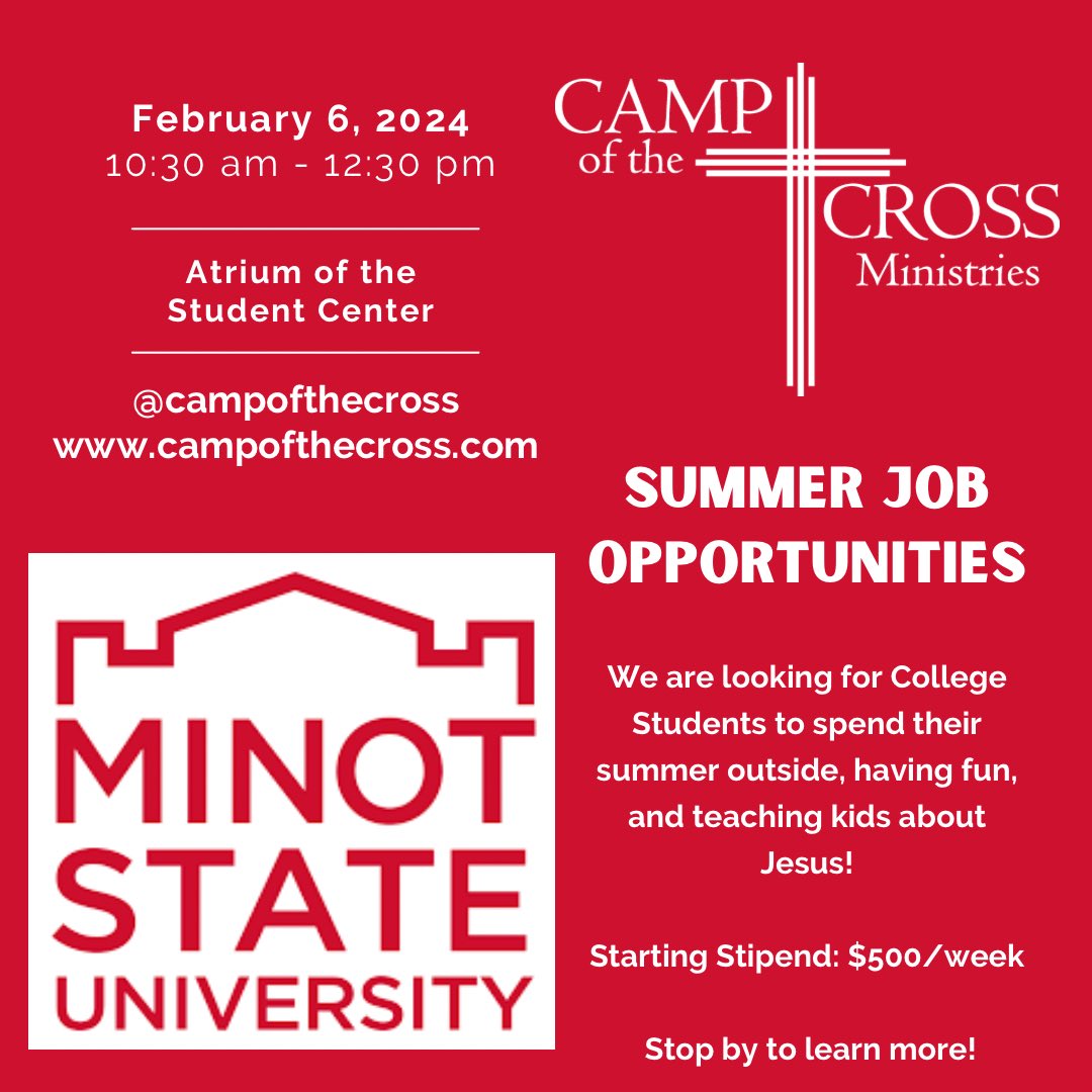 CampOfTheCross's tweet photo. @Minotstate students - IT’S SOUP TUESDAY! Come get some soup in the Student Center and learn about summer job opportunities at Camp of the Cross!

@MsuLcm https://t.co/0JlMXNUovY