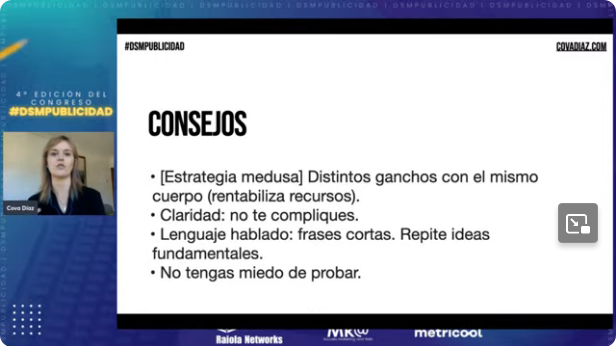 ✳️<a href="/Cova_Diaz_/">Cova Díaz</a>
"La estrategia de medusa duplica tu capacidad de crear anuncios que realmente impacten. Hay que tener claridad, que impacte en el cerebro. En el lenguaje hablado, frases cortas y repetir las ideas principales." en el #DSMPublicidad
<a href="/marketingandweb/">Marketing and Web</a>