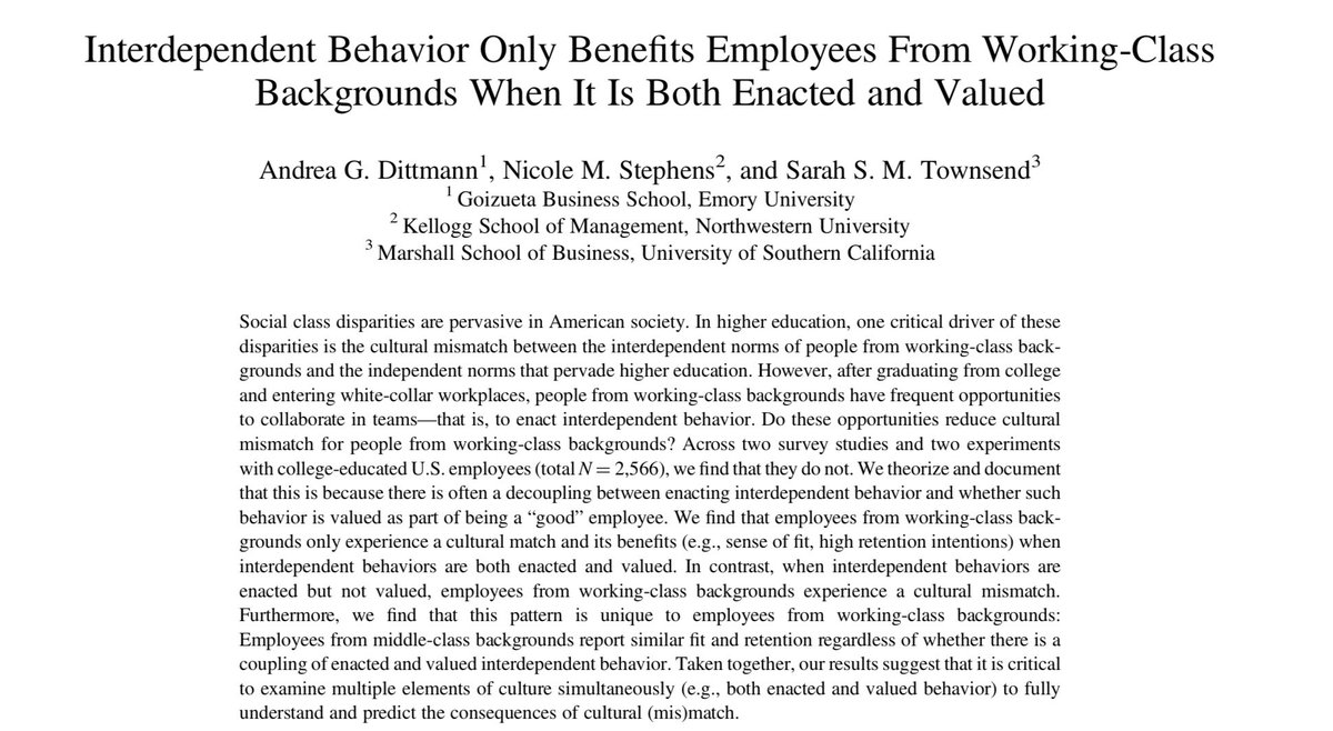 🚨 Now out at JEPG! 🚨 After college students graduate & head off to the workforce, there are many opportunities to collaborate at work. Do these opportunities reduce cultural mismatch for college grads from working-class backgrounds? (1/3)