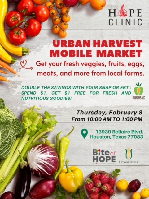 Alief_Fame's tweet photo. Hope Clinic event this Thursday, February 8 from 10 A.M. -1 P.M. This is a great opportunity for those who have a SNAP or EBT card since they can get double the amount of produce! https://t.co/QqqQbvAnDo