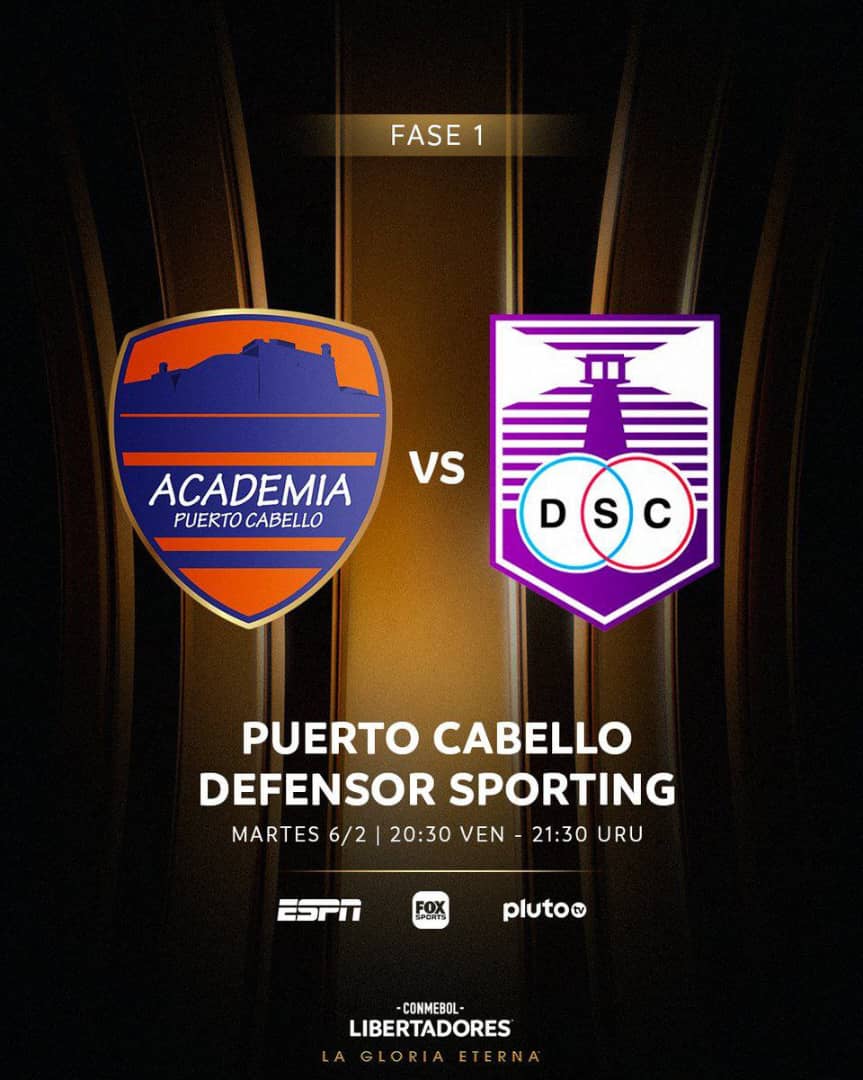 🏆 Hoy se juega el primer partido de la CONMEBOL Libertadores 2024. 

▶️ Fase 1 - Partido de ida
🇻🇪 Academia Puerto Cabello 🆚 Defensor Sporting 🇺🇾
🏟 Polideportivo Misael Delgado 
⏰ 08:30 p.m. hora venezolana
🖥 ESPN, Fox Sports y Pluto TV