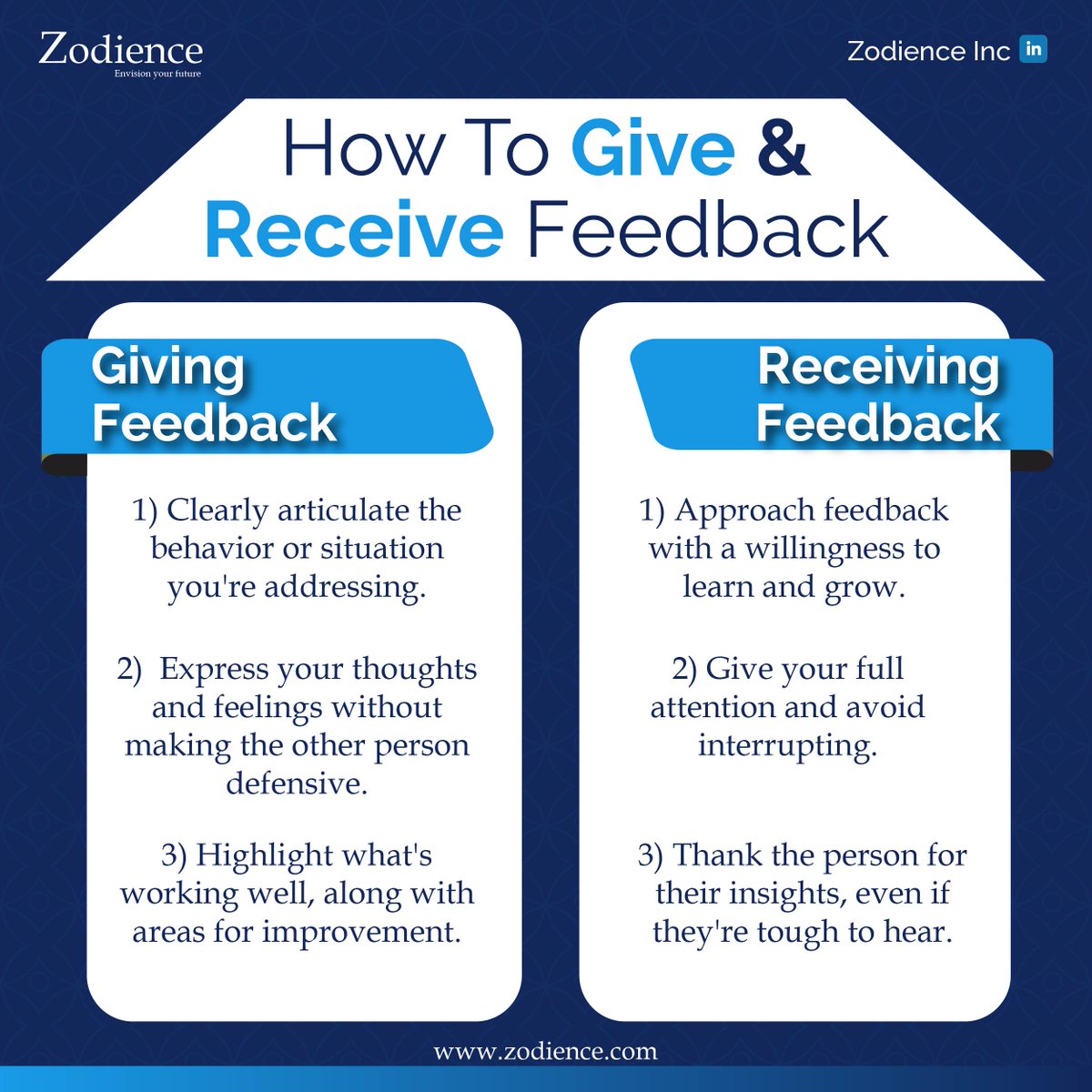 zodience's tweet photo. Giving and receiving feedback is an important part of personal and professional growth. Here are some 𝐭𝐢𝐩𝐬 𝐨𝐧 𝐡𝐨𝐰 𝐭𝐨 𝐠𝐢𝐯𝐞 𝐚𝐧𝐝 𝐫𝐞𝐜𝐞𝐢𝐯𝐞 𝐟𝐞𝐞𝐝𝐛𝐚𝐜𝐤 𝐞𝐟𝐟𝐞𝐜𝐭𝐢𝐯𝐞𝐥𝐲:
#feedback  #team #recruiting #zodience #lifeatzodience #connectwithzodience https://t.co/KfkeTh3XW9