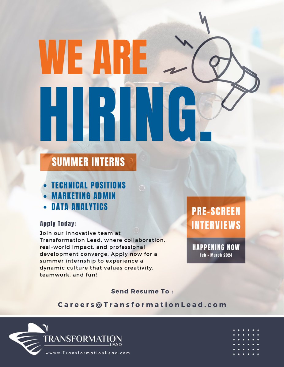 TransformingOrg's tweet photo. 🚀 Ready to elevate your career? Transformation Lead LLC is offering exciting internship opportunities in Tech, Marketing Admin, and Data Analytics! 

send email careers@TransformationLead.com!
#InternshipOpportunity #TechInnovation #CareerDevelopment #JoinUs #TransformationLead https://t.co/QKUwu9qWEW