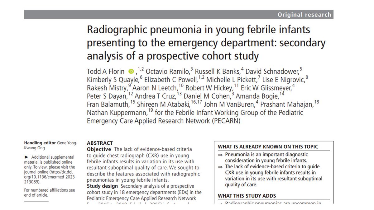 Radiographic PNA in febrile infants is UNCOMMON but viruses are NOT!

In this study of 568 febrile infants &lt;=60 days:
3.3%(n=19) CXR + PNA
6.0%(n=34) CXR possible PNA

More infants w/ possible or +PNA were positive for influenza (53%) or RSV (37%) compared to those w/o PNA (21%)