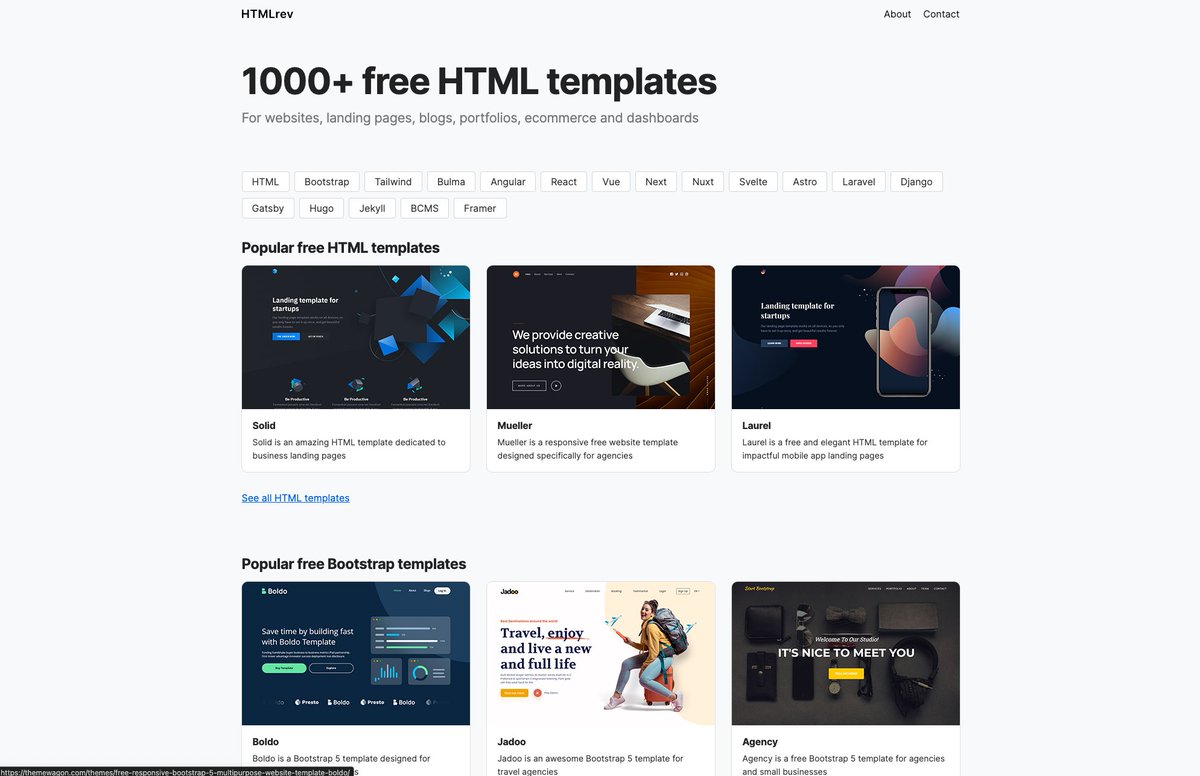MoureDev's tweet image. +1000 plantillas Web gratis...
→ Filtra por categoría: HTML, Tailwind, Angular, React, Astro, Laravel, Django...
→ Filtra por temática: landings, blogs, portafolios, tiendas...
→ Selecciona la que quieras, consulta su código, intrucciones y descarga.
htmlrev.com