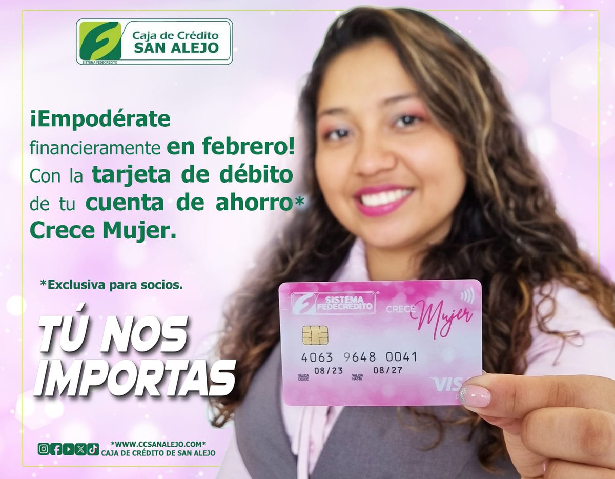 ¡Chicas, es hora de tomar el control de sus finanzas con la tarjeta de débito de la cuenta de ahorro 'Crece mujer'!
 💪 No esperes más, únete  y comienza tu viaje hacia la independencia financiera. 💼✨ #CajadeCréditoSanAlejo
#CreceMujer #EmpoderamientoFinanciero #TarjetaDébito