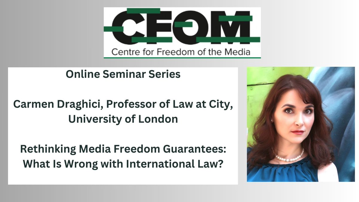 Our online seminar series is back for 2024! We're excited to welcome Professor Carmen Draghici from @CityLawSchool who will examine the loopholes in the international protection of media freedom. @sheffjournalism 📅29 February ⏰16:00 GMT Sign up here: tickettailor.com/events/centref…