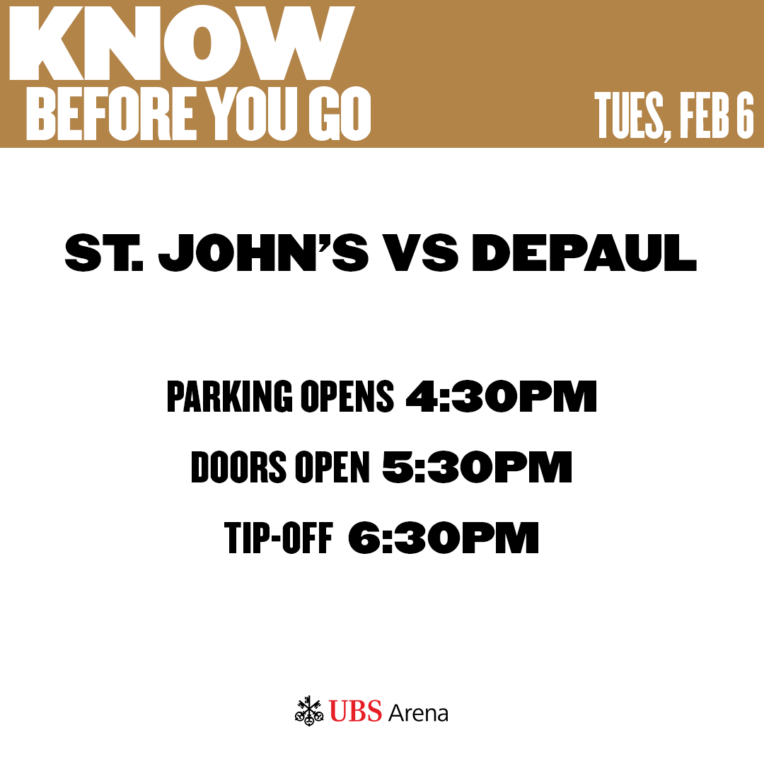 TONIGHT @StJohnsBBall vs DePaul 🚪 5:30PM | 🏀 6:30PM Plan your trip: go.ubsarena.com/KBYG 🚆 Direct service from Grand Central Madison & Penn Station to Elmont-UBS Arena LIRR station is available. 🥨 Belmont Hall opens at 4:30PM (next to main entrance).