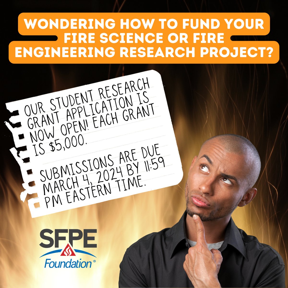 We are now accepting submissions for the next round of student research grants! Get the full details and submit your proposal at ow.ly/Lvp950Qy1t7. Submissions close on March 4, 2024 at 11:59 PM Eastern Time. #fireprotection #firesafety #firescience #studentresearch