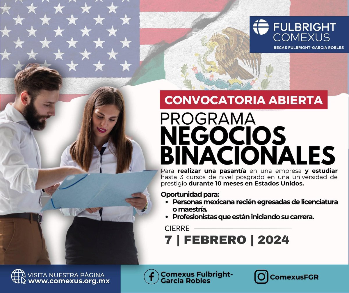 ¡Convierte tu sueño en realidad con el Programa de Negocios Binacionales! #Comexus te brinda la oportunidad de realizar una pasantía y estudiar materias a nivel posgrado en EE. UU. durante 10 meses.📚 🗓️ ¡La convocatoria cierra mañana! 👉 ow.ly/hnmu50QkpXc #FulbrightGR