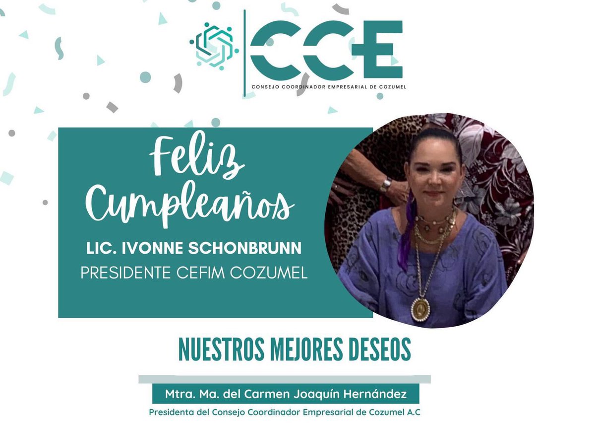 Le deseamos un feliz cumpleaños a la Lic. Ivonne Schonbrunn Presidente CEFIM Cozumel 

¡𝐍𝐮𝐞𝐬𝐭𝐫𝐨𝐬 𝐦𝐞𝐣𝐨𝐫𝐞𝐬 𝐝𝐞𝐬𝐞𝐨𝐬! 🎉

<a href="/carmenjoaquinmx/">Carmen Joaquín</a> <a href="/IvonneSchonbru1/">Ivonne Schonbrunn</a> <a href="/CefimC/">CEFIM Cozumel</a> 
#ccecozumel #islacozumelmx
