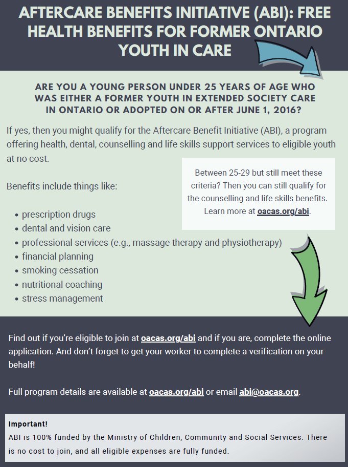 Are you a young person who used to be involved in the Ontario child welfare system? Do you need health and dental benefits? You may qualify for the ABI program. Find out more here: oacas.org/abi 

#AftercareBenefits