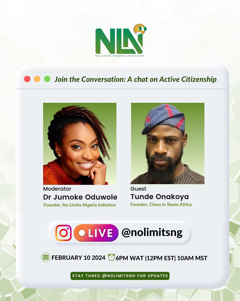 No Limits Nigeria Initiative🇳🇬 (@nolimitsng) on Twitter photo Don't miss out! Join us for an IG Live Chat with <a href="/tunde_onakoya/">Olabode Tunde onakoya</a>, aka "The Nigerian Chess Master," this Saturday at 6pm WAT. Learn about his impactful work with <a href="/chessinslums/">CHESS IN SLUMS AFRICA</a> and how he's empowering children in Lagos slums through chess. #NoLimitsNigeria🇳🇬💚 Don't miss out! Join us for an IG Live Chat with <a href="/tunde_onakoya/">Olabode Tunde onakoya</a>, aka "The Nigerian Chess Master," this Saturday at 6pm WAT. Learn about his impactful work with <a href="/chessinslums/">CHESS IN SLUMS AFRICA</a> and how he's empowering children in Lagos slums through chess. #NoLimitsNigeria🇳🇬💚