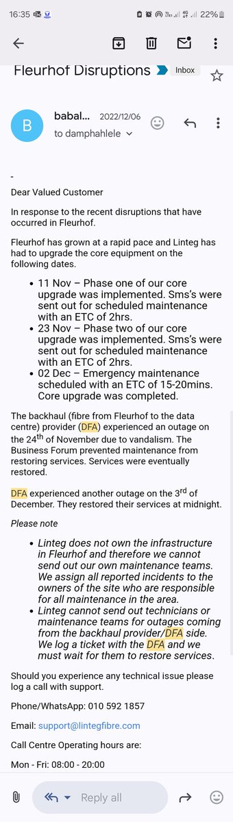 JTSHEPO's tweet photo. @DarkFibreAfrica what are you guys doing about this matter as we have been forced to pay monthly subscriptions for internet fibre that doesn't work? https://t.co/j5yiy3YDRl
