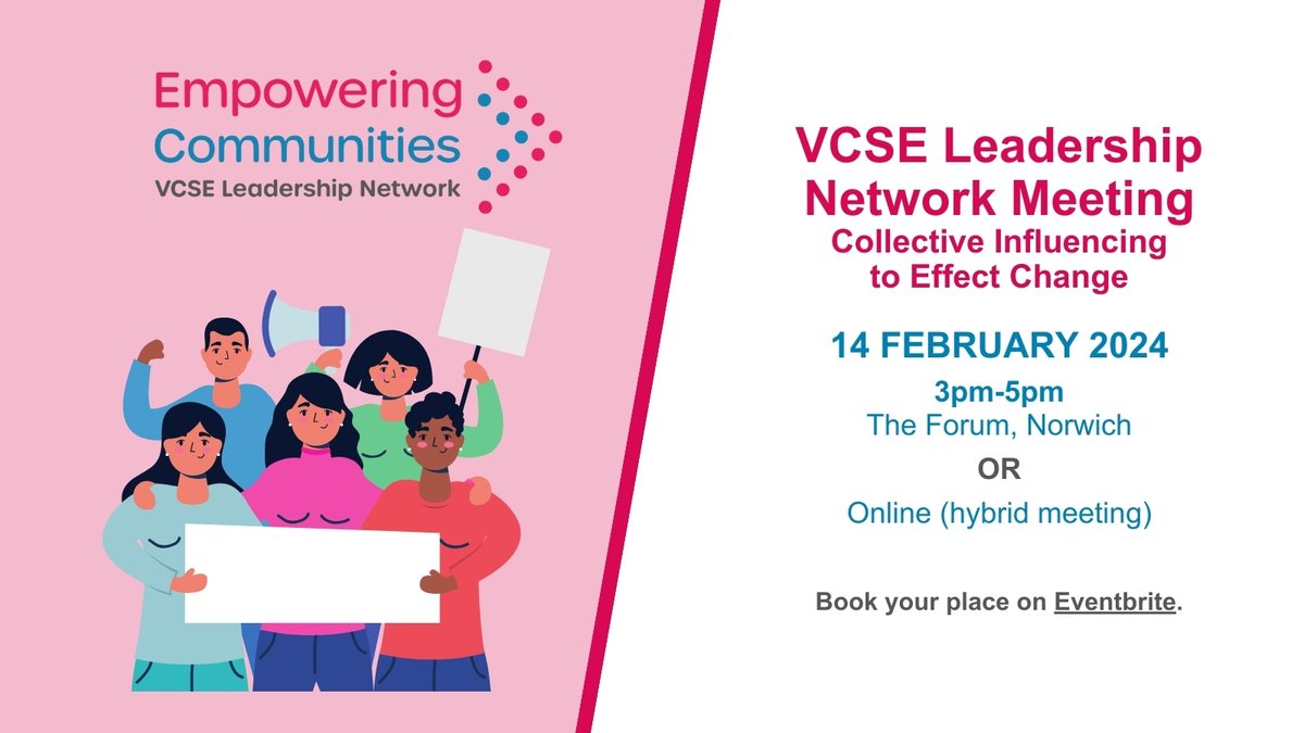 The next @EC_Norfolk VCSE Leadership Network is next week. ⌛ Your chance to hear about @NCVO's Election Manifesto and share your feedback. 📑 Join us @TheForumNorwich next Wednesday ⤵️ eventbrite.co.uk/e/vcse-leaders…