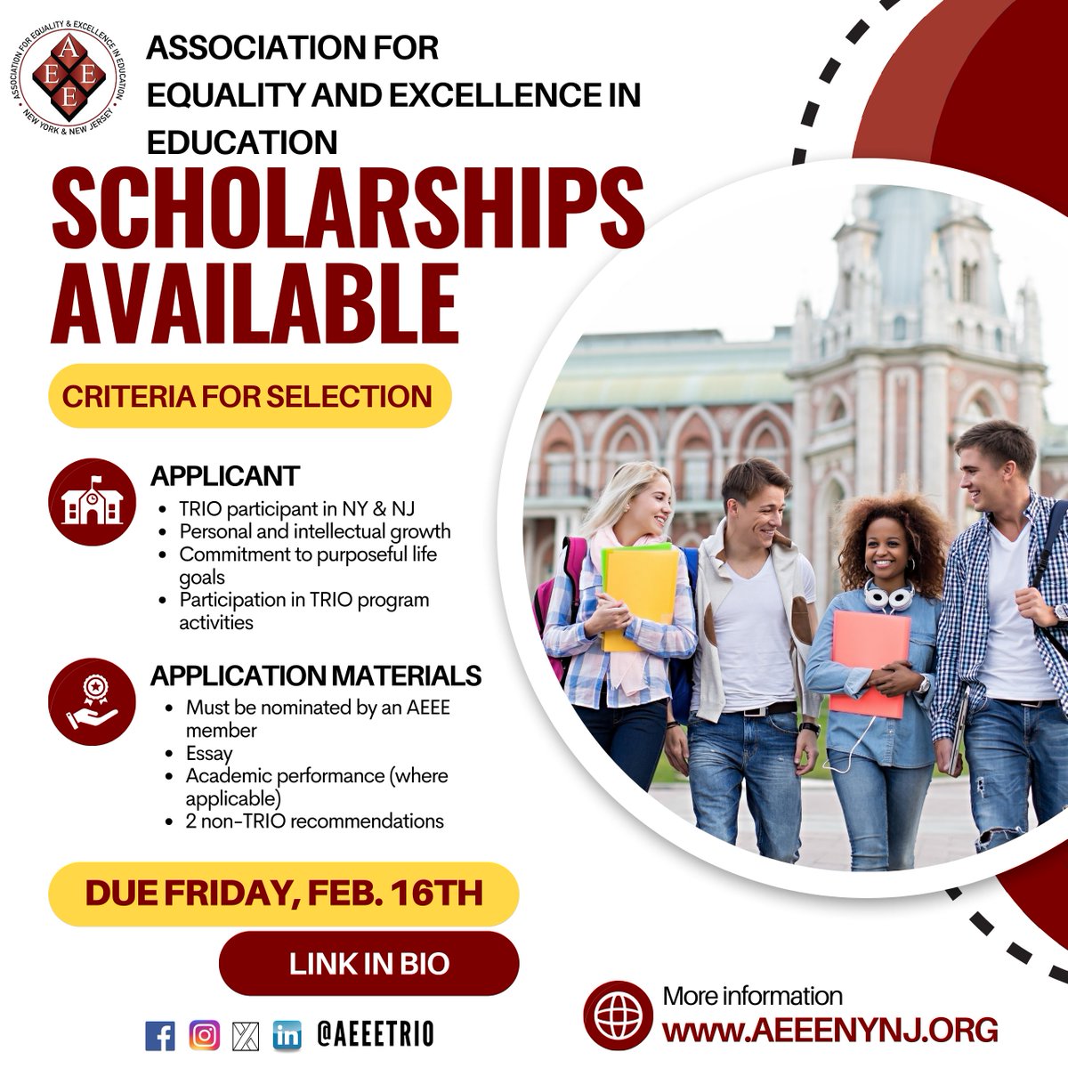 Nominate your scholars for AEEE scholarships today! Nominations are due Friday, Feb, 16th!  #aeee #trioworks #upwardbound #upwardboundmathscience #veteransupwardbound #studentsupportservices #mcnair #firstgen #firstgeneration #collegebound #trio #precollege #college #university