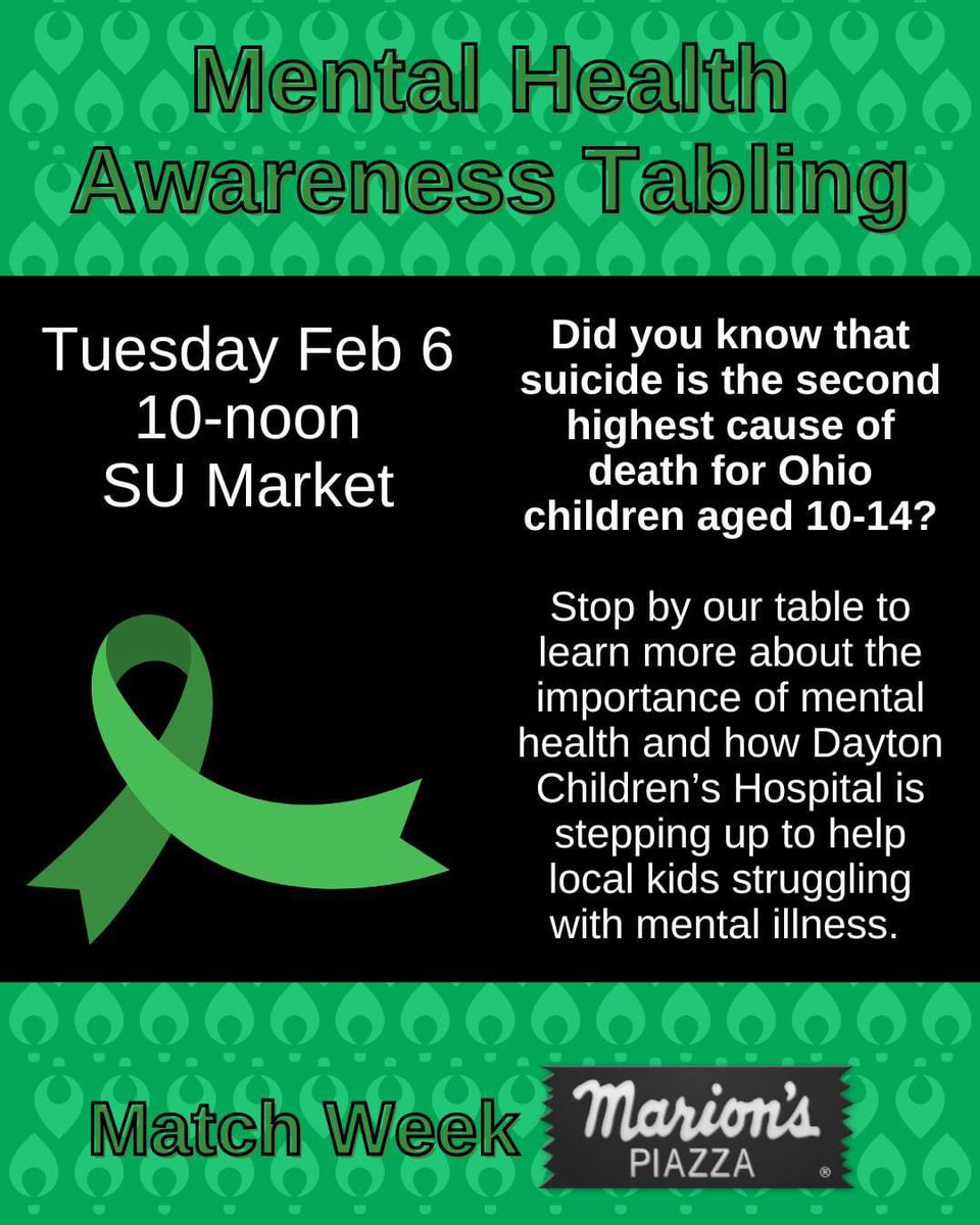 Stop by our table in the Student Union to learn about how @daytonchildrens is working to change kids' mental health and change the future! We will be there to answer your questions from 10 am to noon. We hope to see you!

#KidsCantWait #MiracleWeek #kcw #matchweek #MarionsPiazza