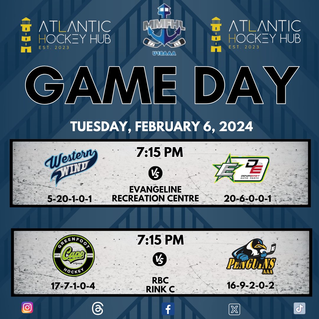 MMFHL Tuesday Schedule:

7:15 pm - Western Wind @ Down East Auto Parts Stars 

7:15 pm - Greenfoot Capitals @ ACTION Benefits Penguins 

Elevate your hockey experience with Atlantic Hockey Hub – where stats, scores, and updates come to life! 

#MMFHL #AtlanticHockeyHub